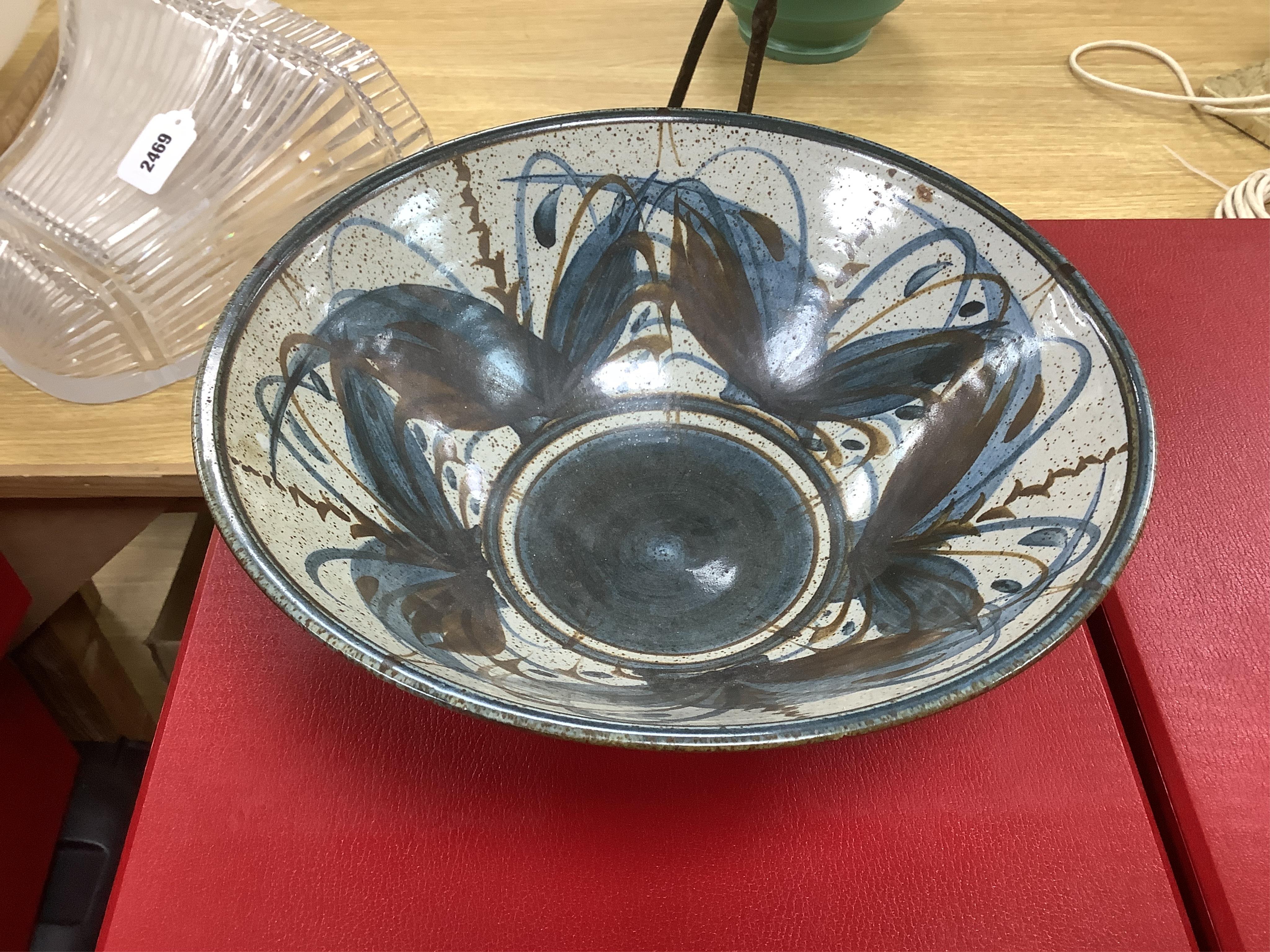 Jane Perryman, studio pottery bowl, impressed mark to the base, and another, signed RG and dated 1990, 32cm in diameter